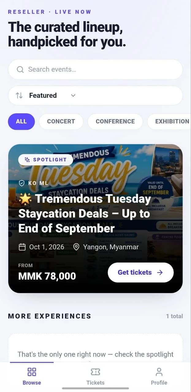 FlowEVX on mobile — discovering and buying event tickets