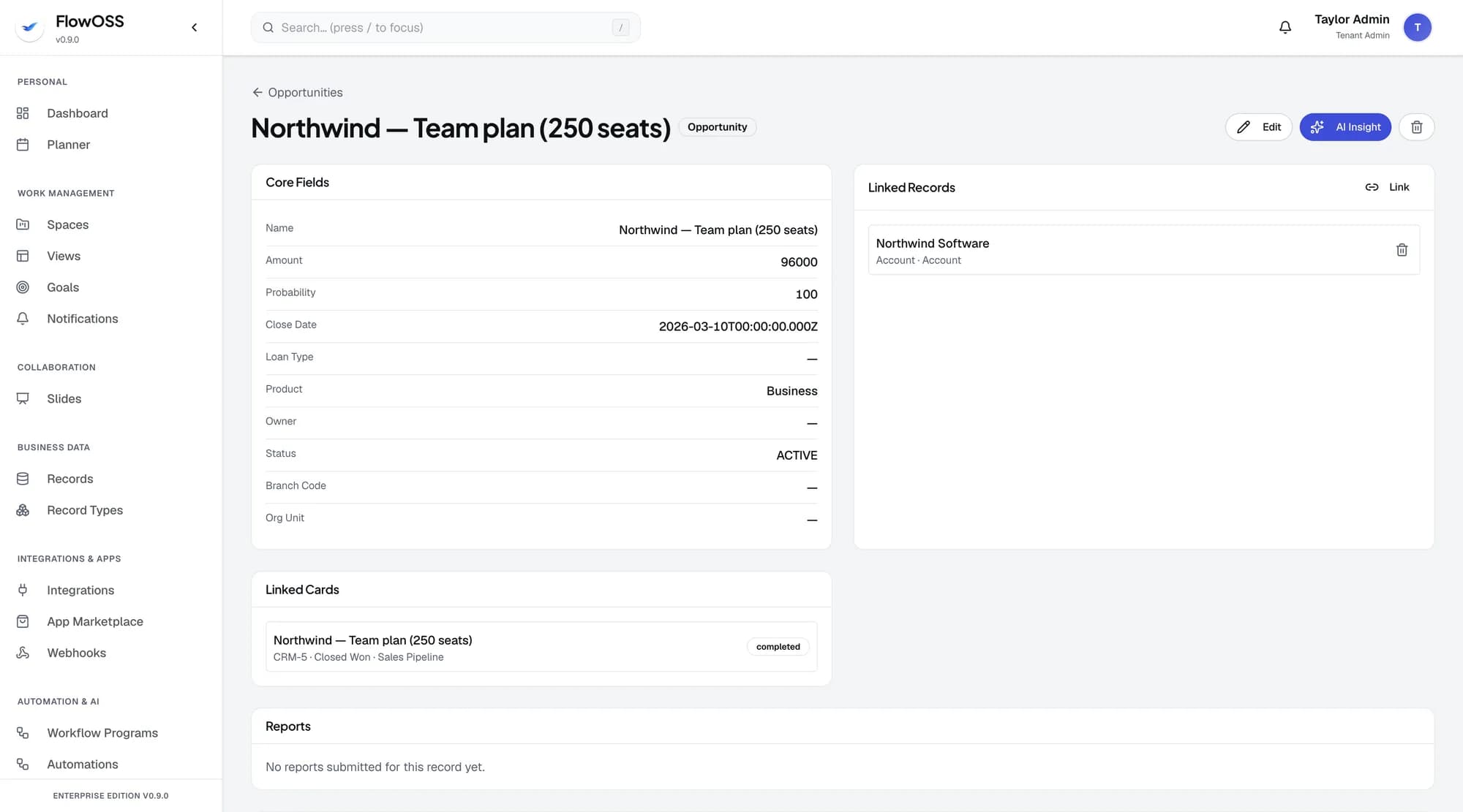 FlowOSS record view — a business record with its fields and activity